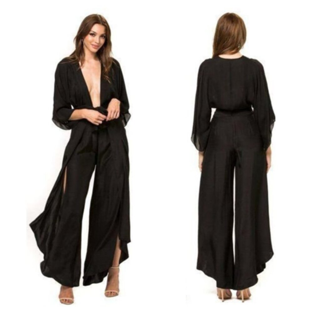 Jennifer Hope Clothing Kimono Wrap Top and Adrianna Pants in Black Silk S/M